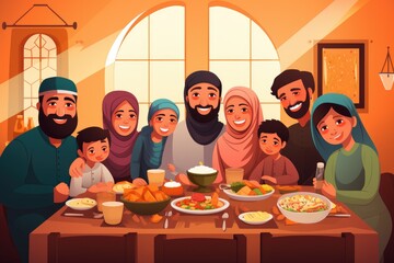 Wall Mural - A gathering of individuals sitting around a long table covered in a wide variety of delicious food, love and muslim with big family at table for eid mubarak, AI Generated