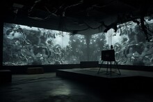 Indoor Black And White Photograph Of A Multimedia Art Installation With Wall Projections Of Semi-abstract Jungle Foliage. From The Series “Imaginary Museums," "TV."