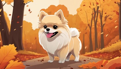 Poster - A small white dog with a pink tongue and brown ears standing on a path