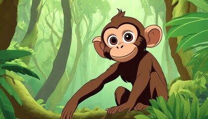 Canvas Print - A cartoon monkey sitting on a branch in a forest