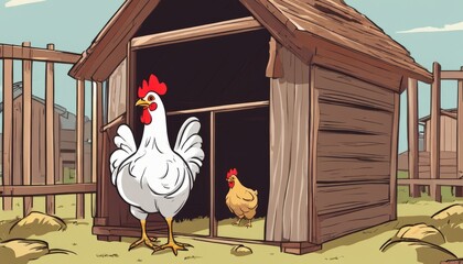 Sticker - A rooster and a chicken standing in front of a wooden shed