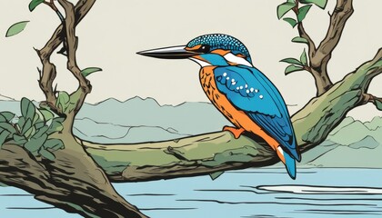 Wall Mural - A blue and orange bird is perched on a tree branch