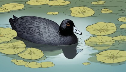 Poster - A black duck swimming in a pond