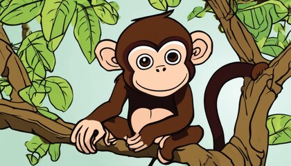 Wall Mural - A cartoon monkey sitting on a tree branch