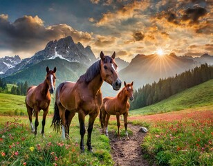 Pedigree horses on a pasture in summer