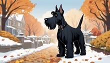 A Black Scottish Terrier Dog Standing In The Snow