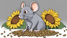 A Gray Mouse Is Eating Seeds In Front Of Two Sunflowers