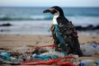 A bird sits atop a mound of garbage, underscoring the detrimental effects of pollution on animals., Penguin on the beach with garbage, Plastic waste, AI Generated