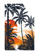 Tropical vector vertical poster in black and orange colors on a white background. Clouds, palm trees, river, sunset, banana leaves and flying birds. Cartoon style, primitivism, minimalism.