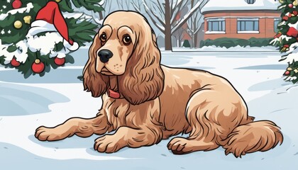 Poster - A brown dog with a red collar sitting in the snow