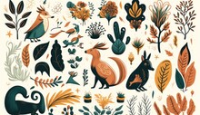 Cute Animals With Modern Colorful Tropical Floral Pattern Background. Hand Drawn Illustration, Generative Ai