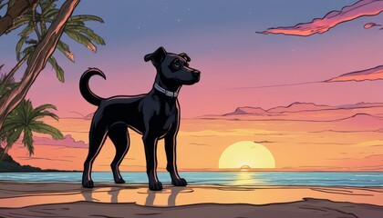 Sticker - A black dog standing on a beach at sunset