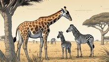 A Giraffe And Two Zebras Standing In A Field