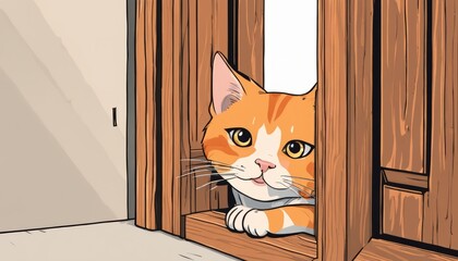 Canvas Print - A cartoon cat peeking out from a door