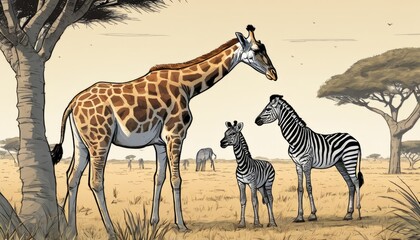 Sticker - A giraffe and two zebras standing in a field