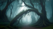 A Mysterious Forest Shrouded In Mist Where Ancient Trees With Gnarled Branches