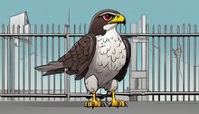 A Bird With A Yellow Beak And Red Eyes Standing In Front Of A Fence