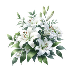 Wall Mural - watercolor of White Lily flower bouquet and greenery leaves clipart