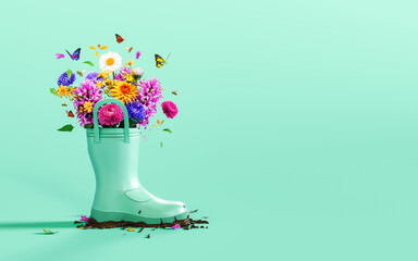 Mint green rubber boot full of colorful spring flowers with butterflies and bees on mint green background with copy space. Spring is here concept banner. 3D Rendering, 3D Illustration
