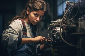 Poster - A woman is seen working diligently on a machine in a bustling factory setting, young female worker fixing a boiler, AI Generated