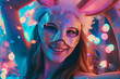 
Easter dancing party. Girl wearing bunny mask with ears enjoying festive atmosphere. Neon lights , blurred confetti all around