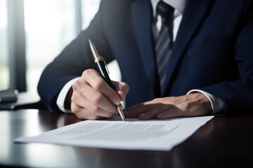 A professional man dressed in a suit concentrating as he writes important information on a piece of paper, Man signing contract, AI Generated