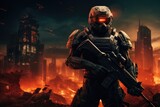 Fototapeta  - View of a futuristic soldier in the middle of a destroyed city, Sci-fi soldier with a gun, A futuristic soldier standing on city ruins against the backdrop of a glowing planet, AI Generated