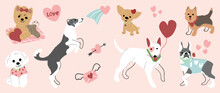 Cute Dogs In Valentine Day Lovely Pet Vector. Collection Of Dogs With Little Heart, Balloon, Arrow. Adorable Animal Characters For Clipart, Decoration, Prints, Cover, Greeting Card, Sticker, Banner.