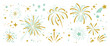 © TWINS DESIGN STUDIO - Set of new year firework vector illustration. Collection of golden, light green fireworks on white background. Art design suitable for decoration, print, poster, banner, wallpaper, card, cover.