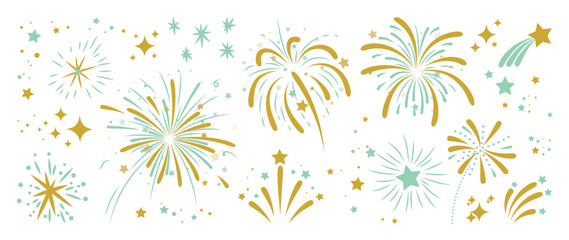 Wall Mural - Set of new year firework vector illustration. Collection of golden, light green fireworks on white background. Art design suitable for decoration, print, poster, banner, wallpaper, card, cover.