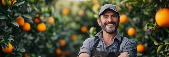 Wall Mural - Portrait of a smiling orange farmer working in his orange orchard, generative AI, background image