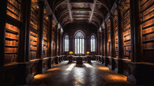 An Old, Wooden Library With Bookshelves On Either Side And A Window At The End. The Room Has A Cathedral-like Ceiling And Is Filled With Sunlight. There Are Several Flickering Candles Providing Additi