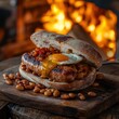 grilled sausage hotdog with baked beans and egg served infront of the burning logs . generative ai
