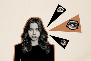 Sticker - Collage illustration standing young annoyed girl discomfort feeling espionage face fragments eyeball eyesight incognito privacy violence