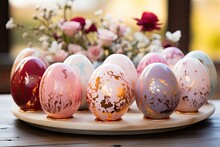 Easter Fun! Eggs In Rose And White With Colorful Splashes. Ready To Dip In Dye And Sit In Cute Egg Cups 