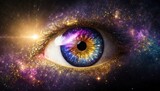 Fototapeta Kosmos - Eye with universe in the background and galaxy in the iris