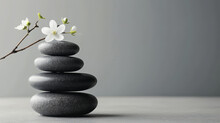Zen Stones Stacked With A Delicate White Flower On Top.