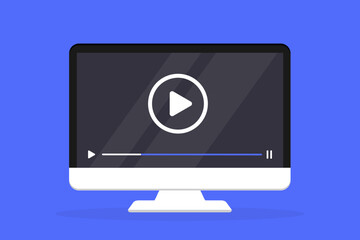 Aufkleber - Computer screen with video player on screen. Monitor with player. Display with multimedia frame. Online video, watch movies, educational materials, web courses. Vector illustration