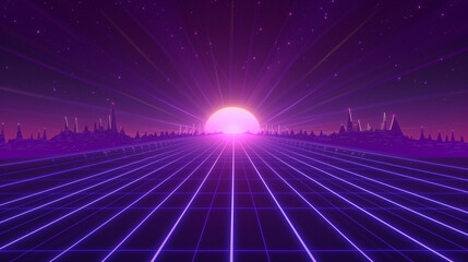 Sticker - Retrowave Synthwave 3D landscape. VJ visuals in vibrant hues. Futuristic neon aesthetics, 80s-inspired graphic design. A dynamic, nostalgic scene with vibrant colors.