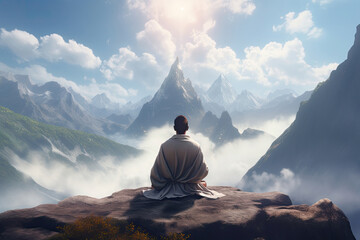 buddha sitting in lotus pose, worship himalaya mountains, meditating man, back view, sky background
