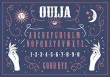 Ouija Pentagram Board Blue Colour. Halloween Divination. Woman Hand And Long Nails. Numbers And Alphabet. Sun And Moon. Retro Poster Design. Vector Illustration.