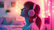 Red hair girl young woman in teenager room listening to music with her headphones. closed eyes, relaxed posture.