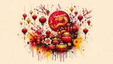 Fototapeta  - Paint splatter style illustration celebrating vietnamese  lunar new year. Year of the dragon 2024.