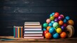 School supplies and books on wood table with copy space, blackboard background for education
