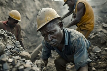 African miners working in a mine in Congo. Portrait of hard work by African miners in a scene of perseverance and determination. African men tired from work.