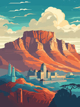 Illustration Of Cape Town South Africa Travel Poster In Colorful Flat Digital Art Style
