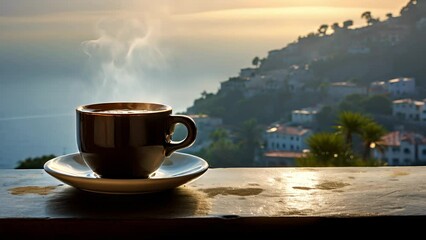 Wall Mural - A steaming cup of coffee with a view of the landscape with a lake