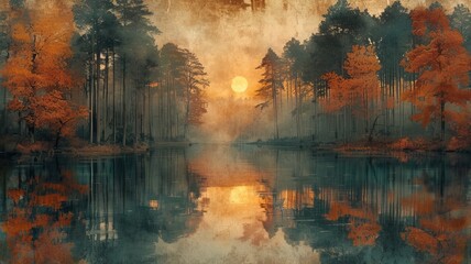 Wall Mural - Reflection in water of the sunset and forest