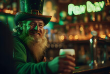 St. Patrick's Day Leprechaun Drinking A Beer In An Irish Pub, Saint Patrick Day Neon Text In The Background Of The Bar, Smiling And Wearing A Green Costume And Hat 