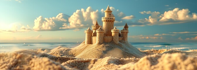 Wall Mural - A sandcastle sculpture proudly adorns the beach during a summer getaway.